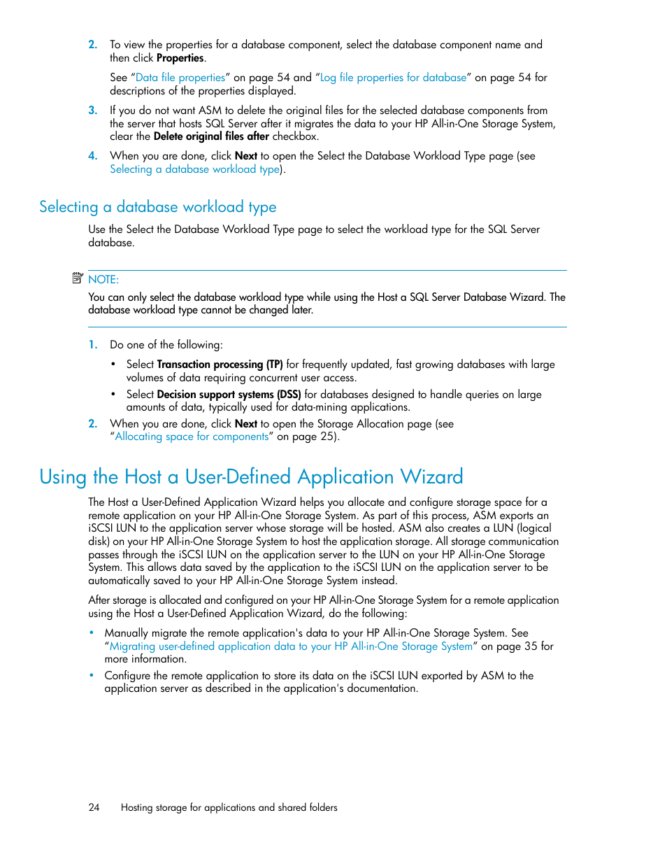 Selecting a database workload type, Using the host a user-defined application wizard, Using the host a user-defined application | Wizard, Using the host a, User-defined application wizard | HP StorageWorks All-in-One SB600c Storage Blade User Manual | Page 24 / 72