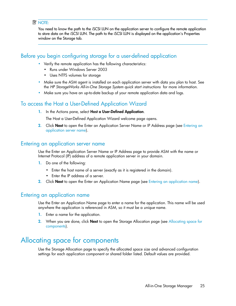 Entering an application server name, Entering an application name, Allocating space for components | 25 entering an application name | HP StorageWorks All-in-One SB600c Storage Blade User Manual | Page 25 / 72