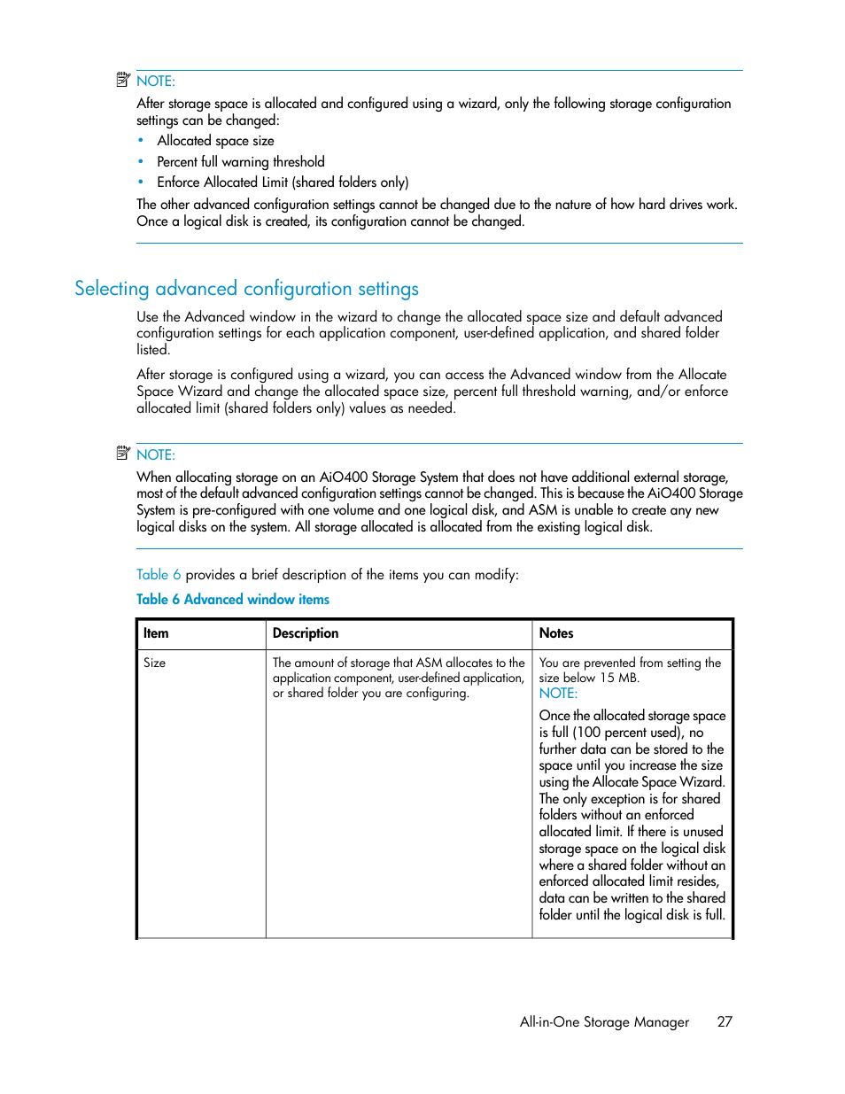 Selecting advanced configuration settings, Advanced window items, Table 6 | HP StorageWorks All-in-One SB600c Storage Blade User Manual | Page 27 / 72