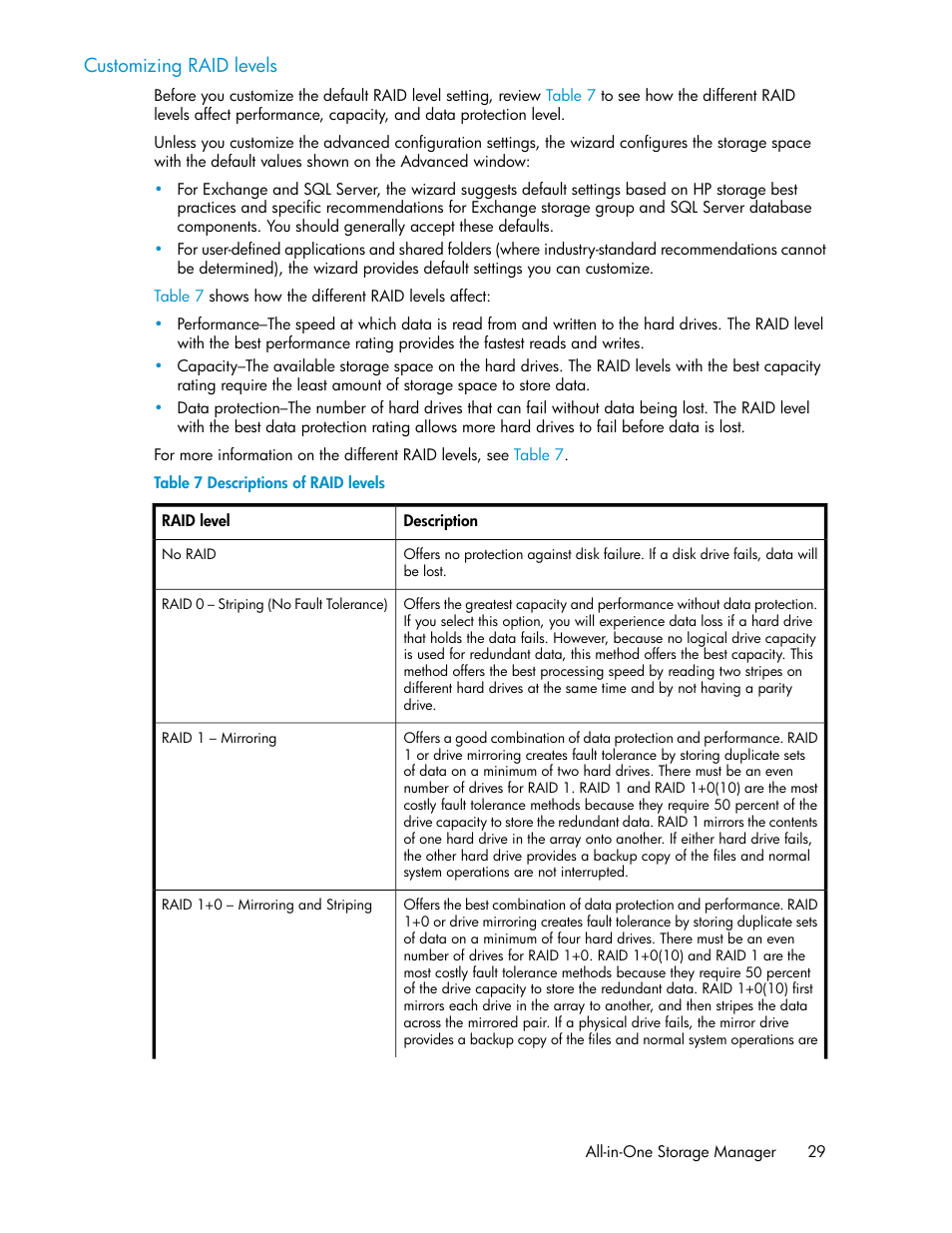 Descriptions of raid levels, Customizing raid, Levels | HP StorageWorks All-in-One SB600c Storage Blade User Manual | Page 29 / 72