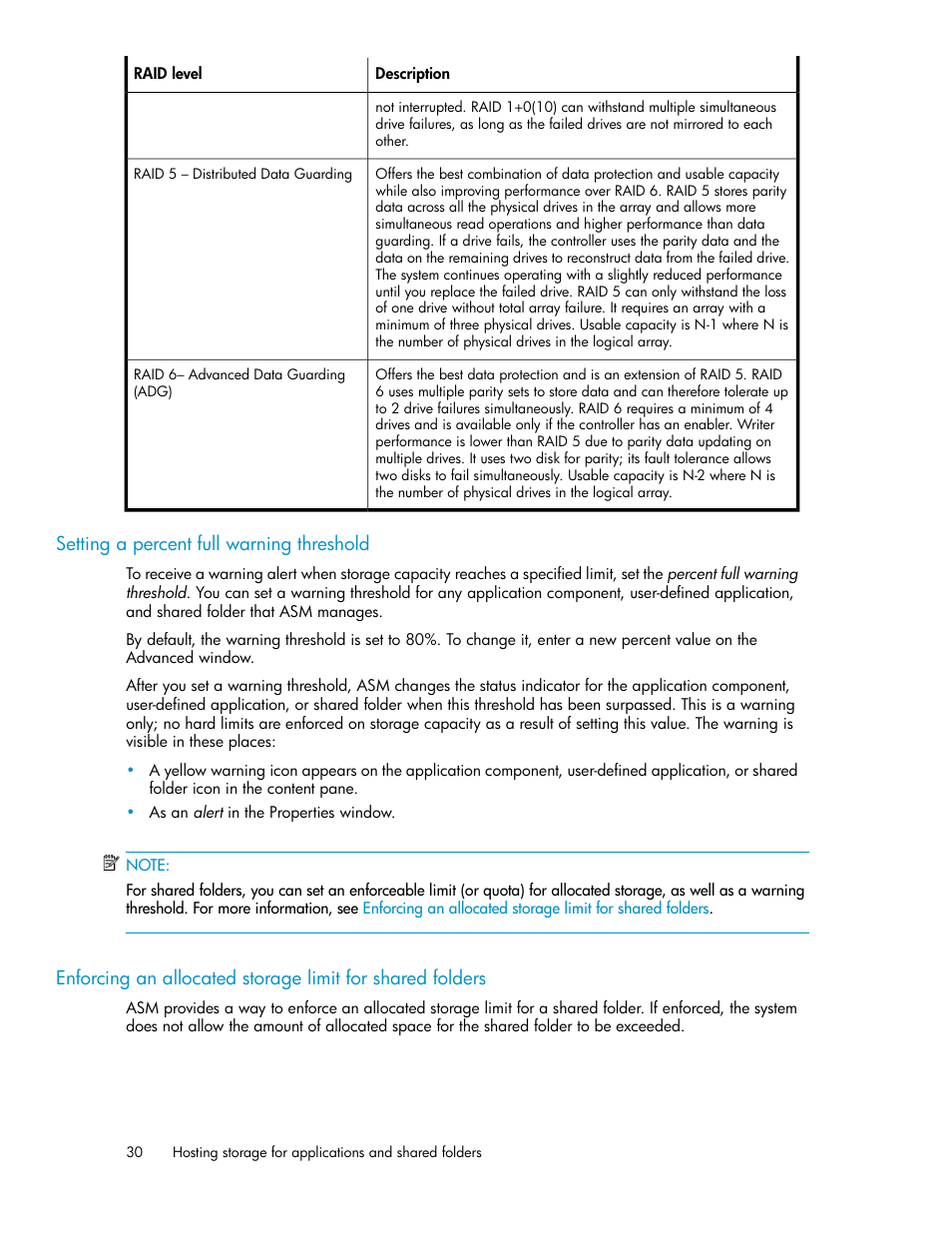 Setting a percent full, Warning threshold, Enforcing an | Allocated storage limit for shared folders | HP StorageWorks All-in-One SB600c Storage Blade User Manual | Page 30 / 72