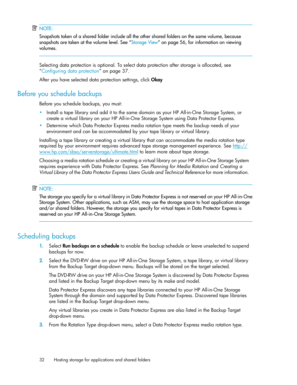 Scheduling backups, Before you schedule backups | HP StorageWorks All-in-One SB600c Storage Blade User Manual | Page 32 / 72