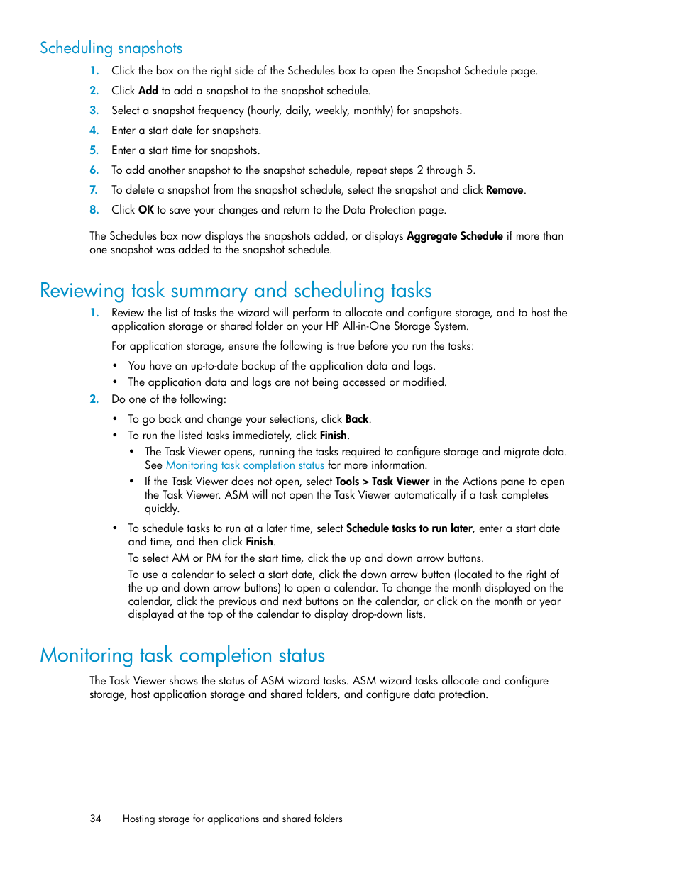 Reviewing task summary and scheduling tasks, Monitoring task completion status, 34 monitoring task completion status | Scheduling snapshots | HP StorageWorks All-in-One SB600c Storage Blade User Manual | Page 34 / 72