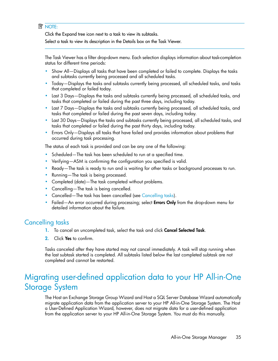 Cancelling tasks, Ibed in, Migrating user-defined application data to | Your hp all-in-one storage system | HP StorageWorks All-in-One SB600c Storage Blade User Manual | Page 35 / 72