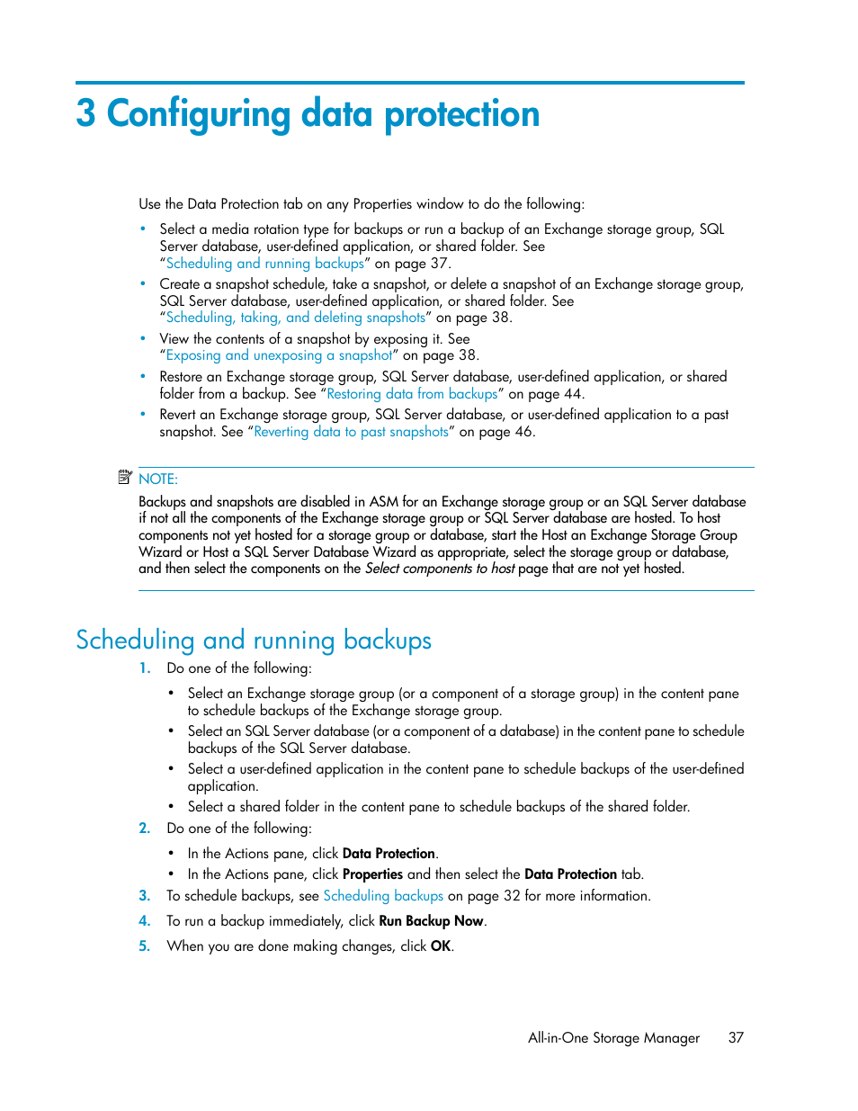 3 configuring data protection, Scheduling and running backups, Configuring data protection | Configuring data, Protection | HP StorageWorks All-in-One SB600c Storage Blade User Manual | Page 37 / 72