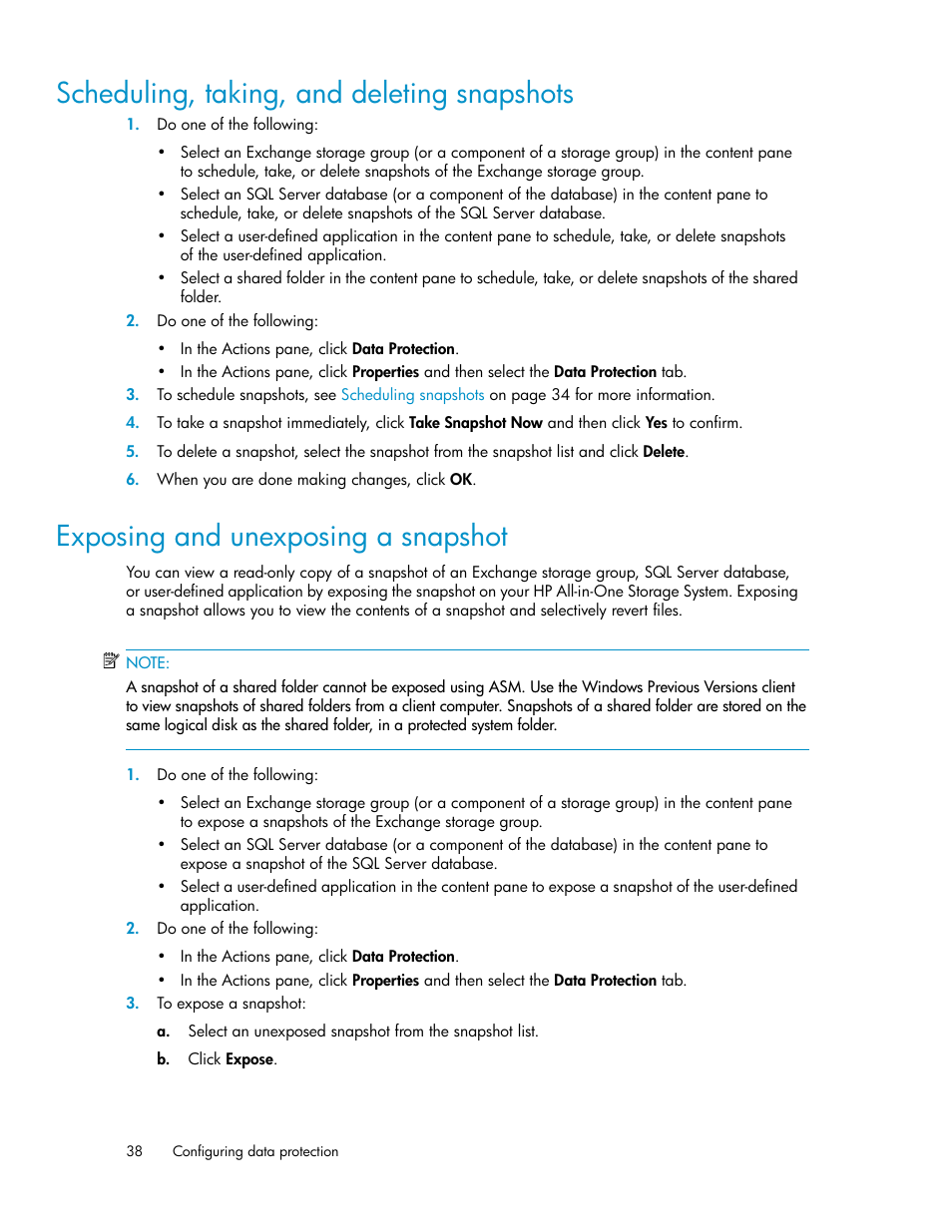 Scheduling, taking, and deleting snapshots, Exposing and unexposing a snapshot, 38 exposing and unexposing a snapshot | HP StorageWorks All-in-One SB600c Storage Blade User Manual | Page 38 / 72