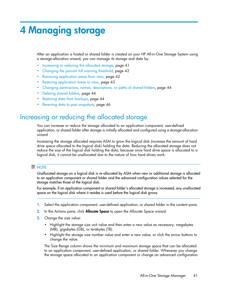 4 managing storage, Increasing or reducing the allocated storage, Managing storage | HP StorageWorks All-in-One SB600c Storage Blade User Manual | Page 41 / 72