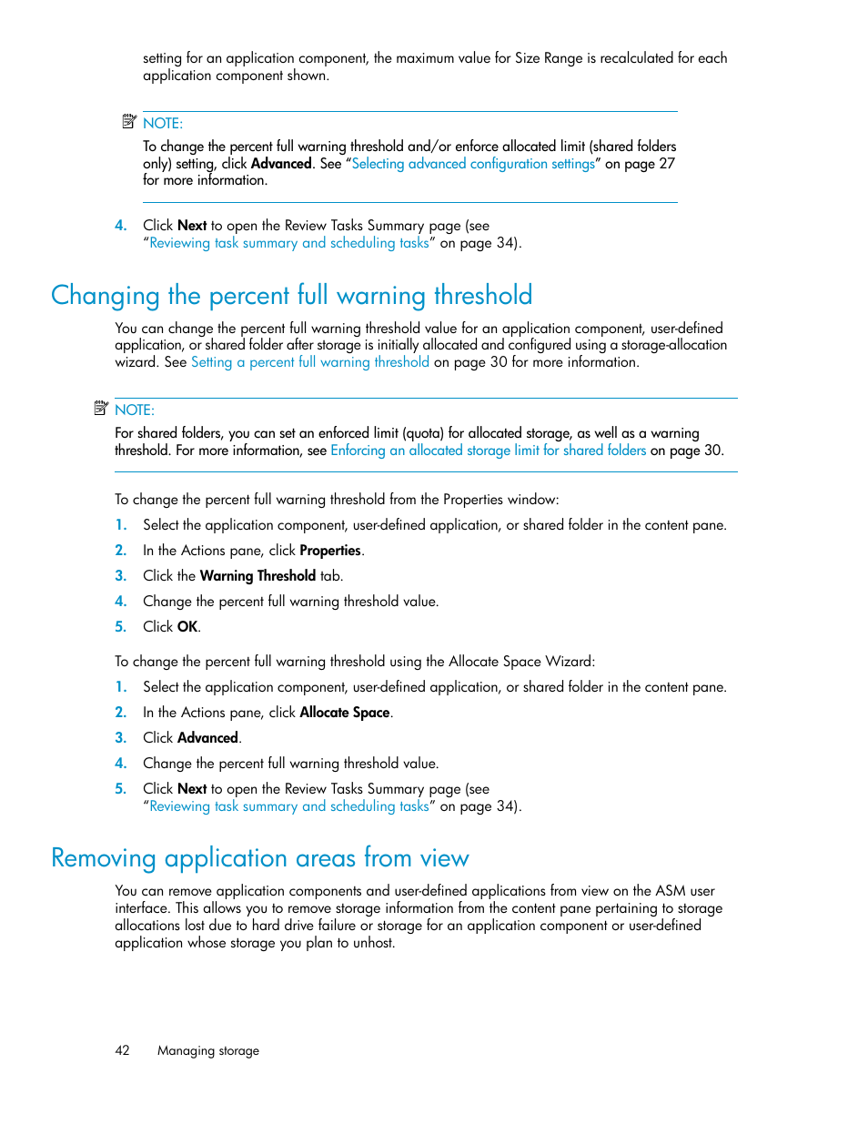 Changing the percent full warning threshold, Removing application areas from view, 42 removing application areas from view | Removing application areas from, View | HP StorageWorks All-in-One SB600c Storage Blade User Manual | Page 42 / 72