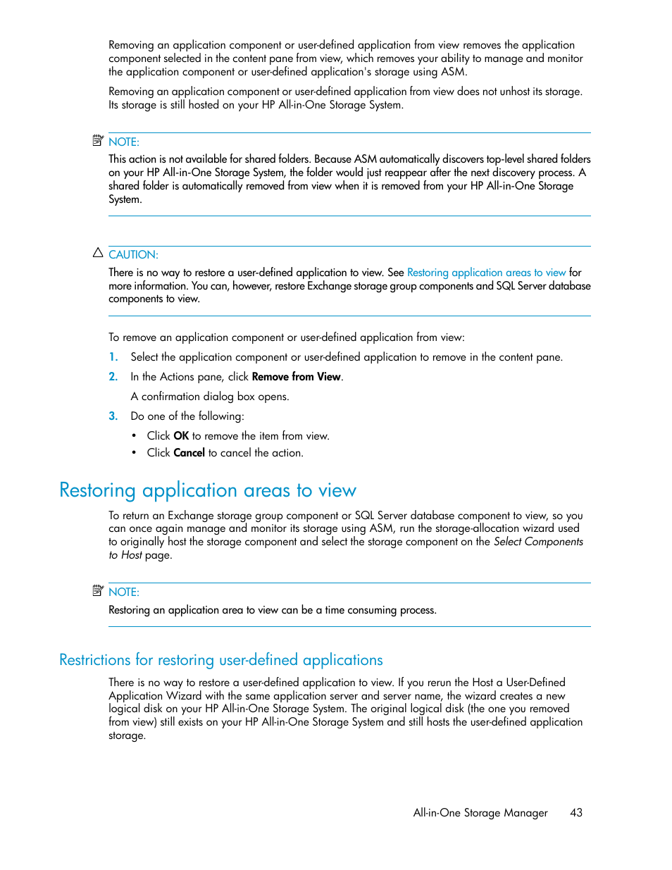 Restoring application areas to view | HP StorageWorks All-in-One SB600c Storage Blade User Manual | Page 43 / 72