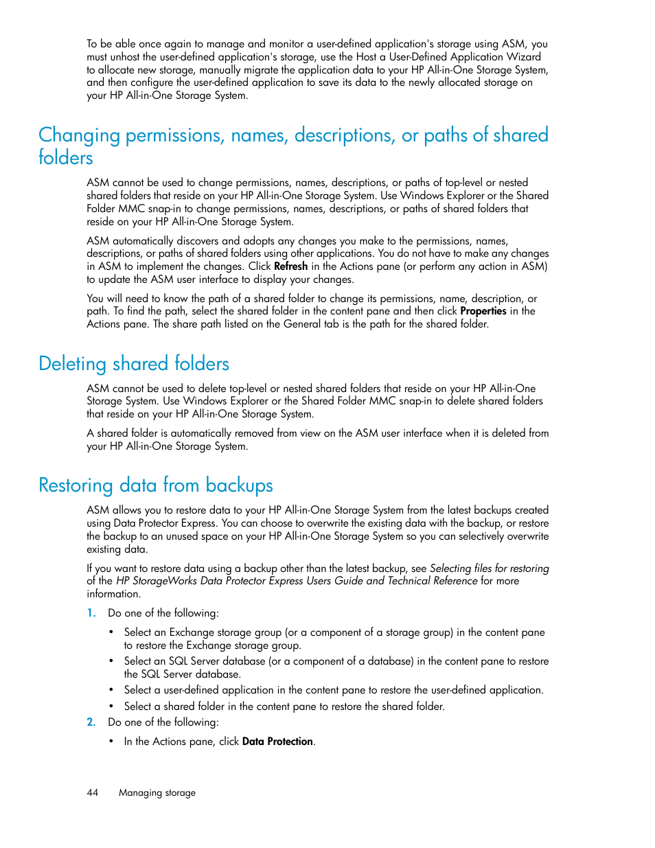 Deleting shared folders, Restoring data from backups, 44 deleting shared folders | 44 restoring data from backups | HP StorageWorks All-in-One SB600c Storage Blade User Manual | Page 44 / 72