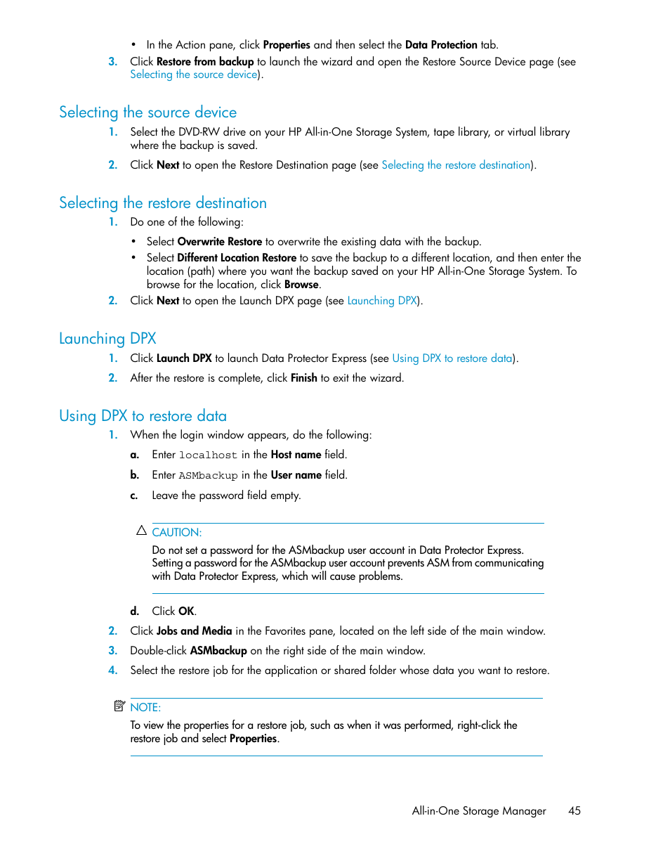 Selecting the source device, Selecting the restore destination, Launching dpx | Using dpx to restore data, 45 selecting the restore destination, 45 launching dpx, 45 using dpx to restore data | HP StorageWorks All-in-One SB600c Storage Blade User Manual | Page 45 / 72
