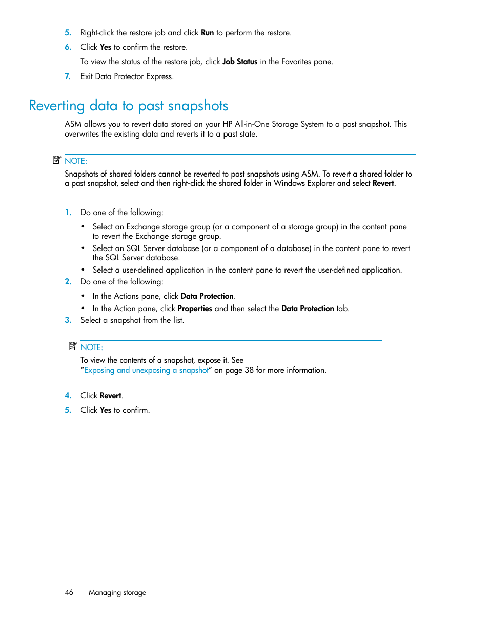 Reverting data to past snapshots | HP StorageWorks All-in-One SB600c Storage Blade User Manual | Page 46 / 72