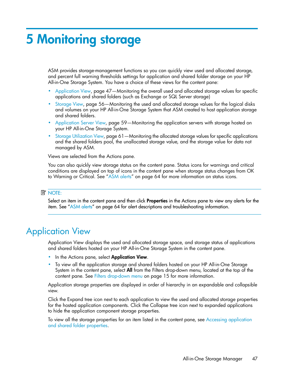 5 monitoring storage, Application view, Monitoring storage | HP StorageWorks All-in-One SB600c Storage Blade User Manual | Page 47 / 72