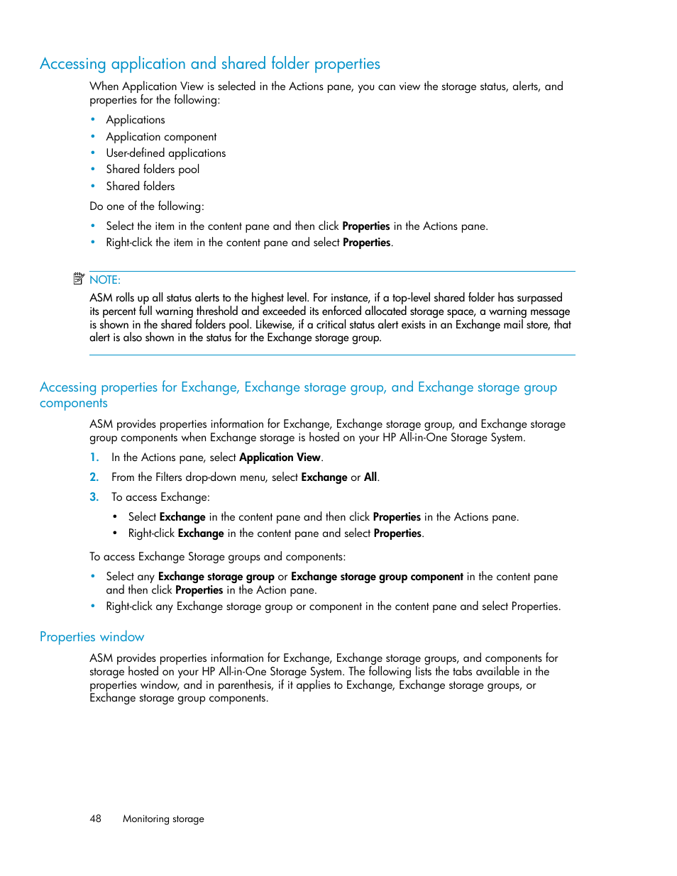 Accessing application and shared folder properties, Accessing application and shared, Folder properties | Accessing application, And shared folder properties | HP StorageWorks All-in-One SB600c Storage Blade User Manual | Page 48 / 72