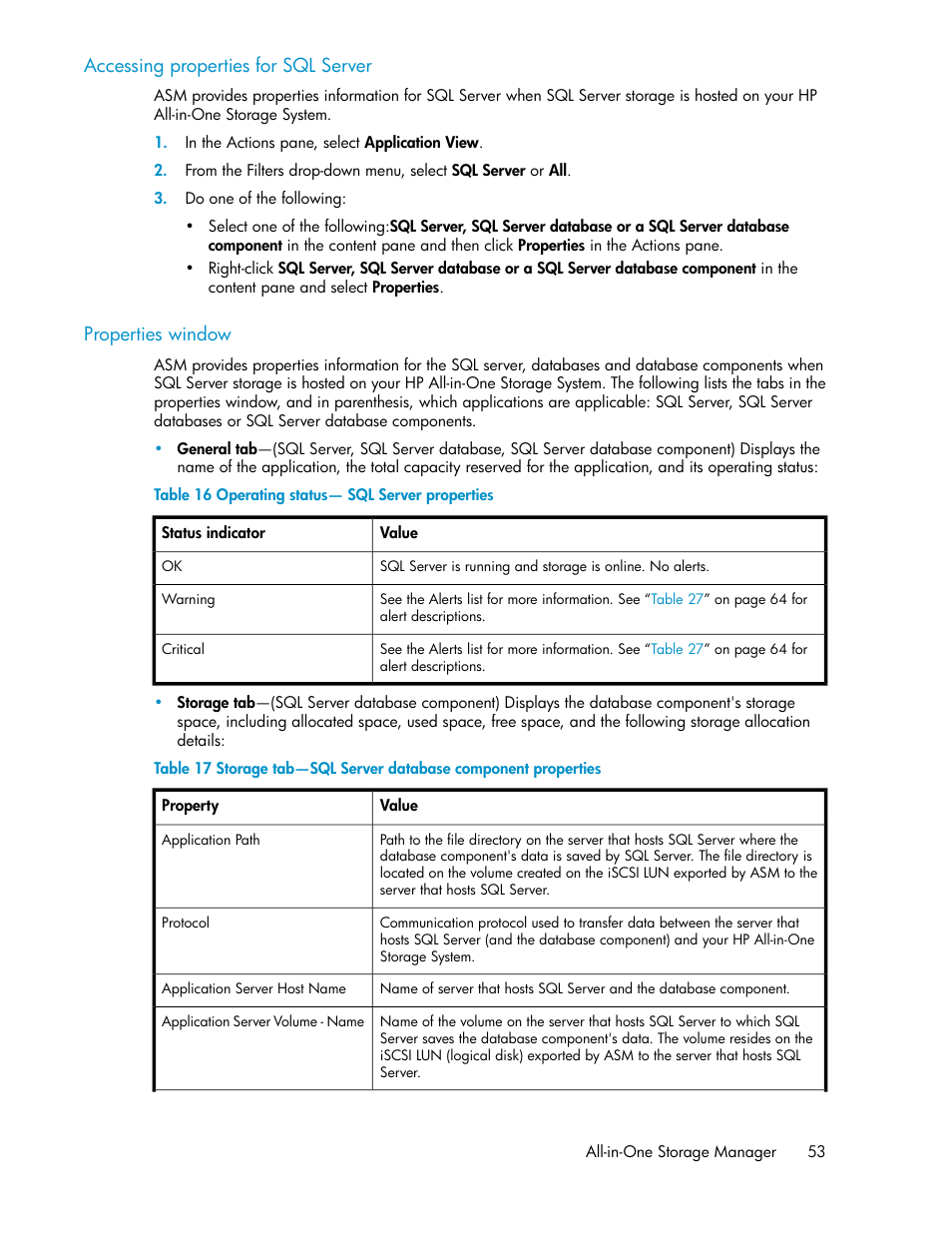 Operating status— sql server properties | HP StorageWorks All-in-One SB600c Storage Blade User Manual | Page 53 / 72