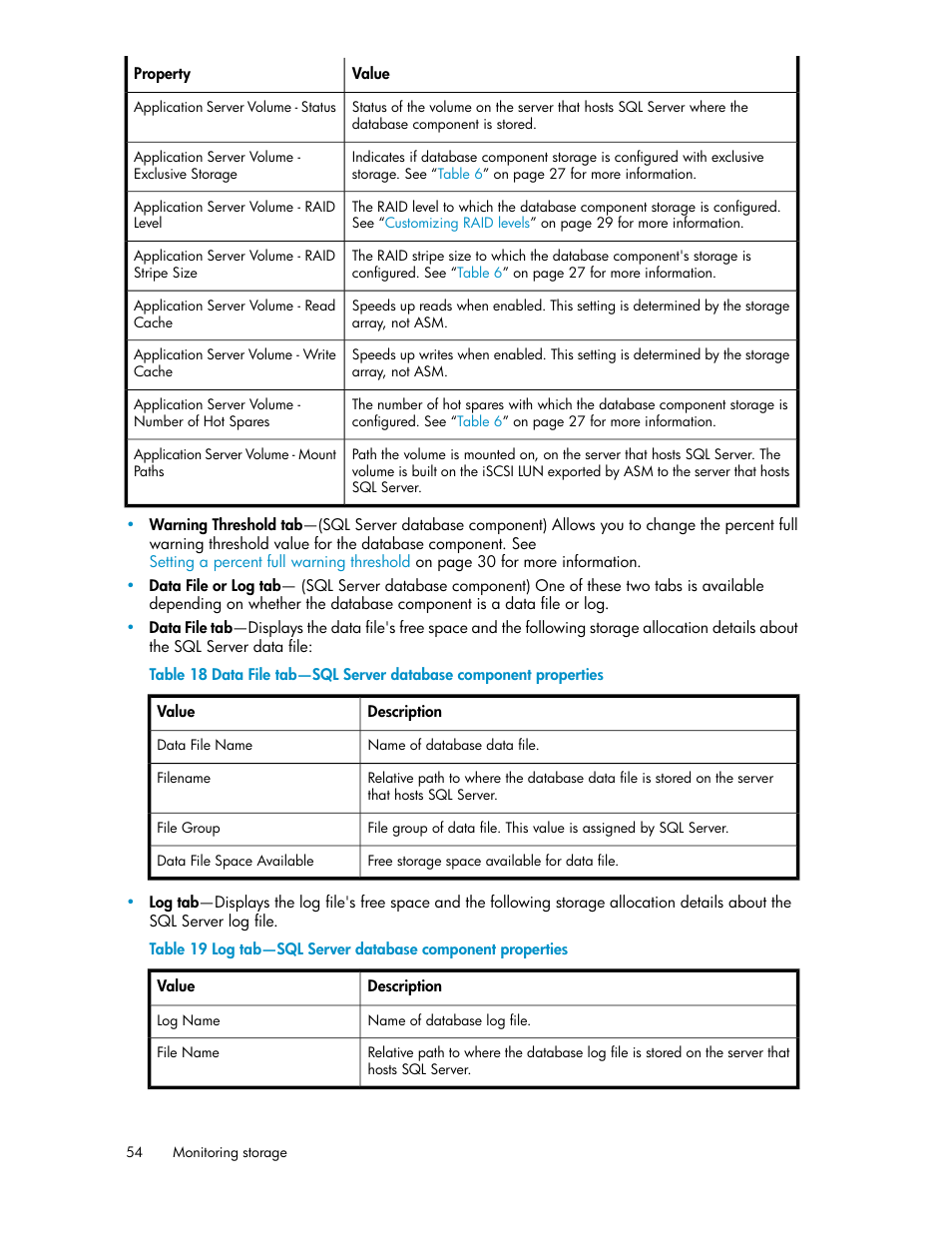 Log tab—sql server database component properties, Data file properties, Log file properties for database | HP StorageWorks All-in-One SB600c Storage Blade User Manual | Page 54 / 72