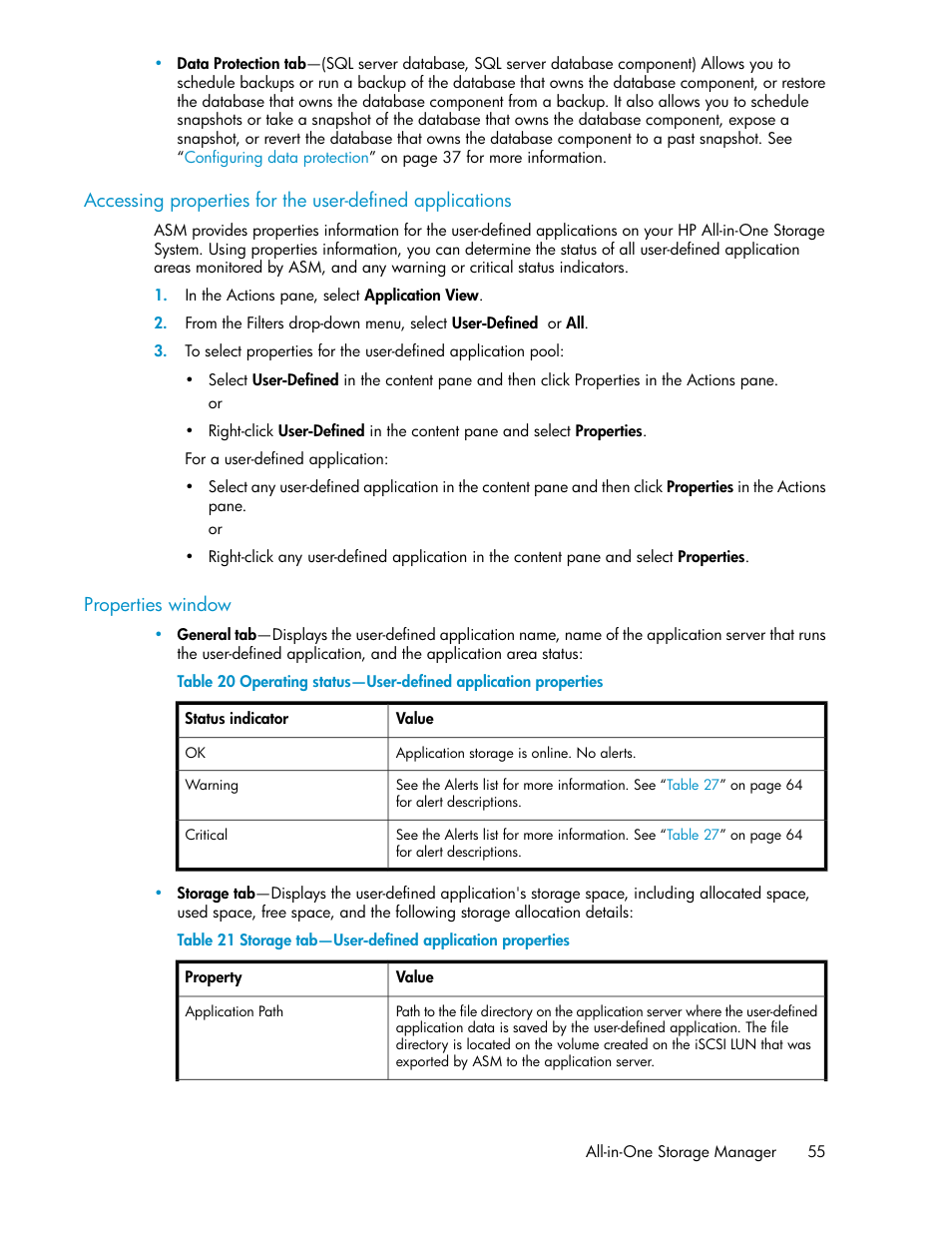 Storage tab—user-defined application properties | HP StorageWorks All-in-One SB600c Storage Blade User Manual | Page 55 / 72
