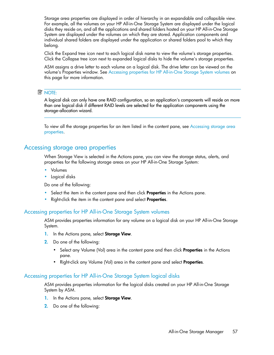 Accessing storage area properties, Accessing storage area, Properties | HP StorageWorks All-in-One SB600c Storage Blade User Manual | Page 57 / 72