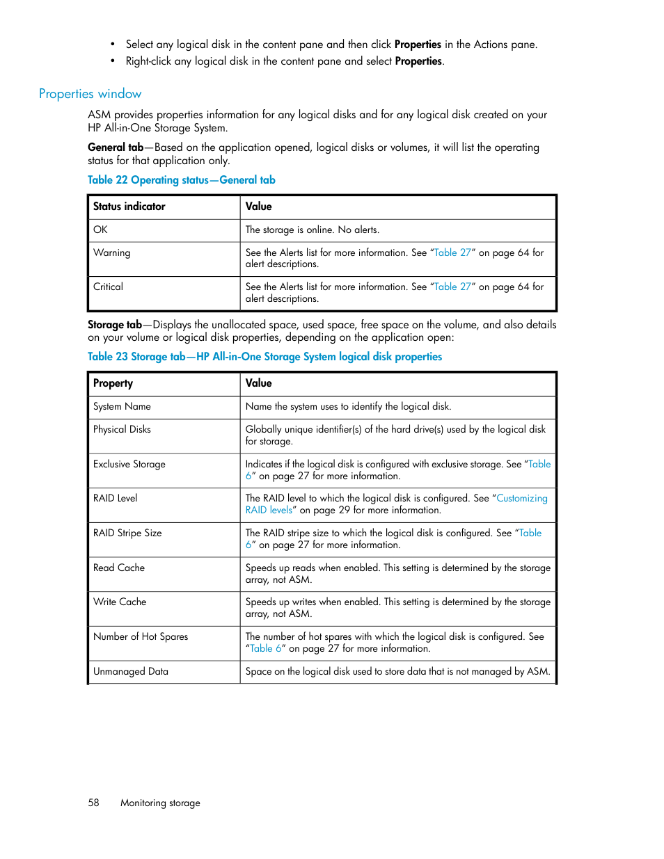 Operating status—general tab, Properties window | HP StorageWorks All-in-One SB600c Storage Blade User Manual | Page 58 / 72