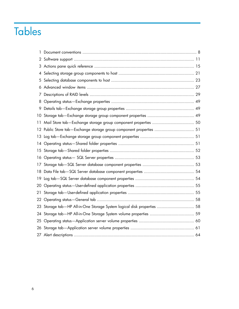 Tables | HP StorageWorks All-in-One SB600c Storage Blade User Manual | Page 6 / 72