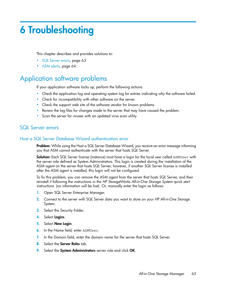 6 troubleshooting, Application software problems, Sql server errors | HP StorageWorks All-in-One SB600c Storage Blade User Manual | Page 63 / 72