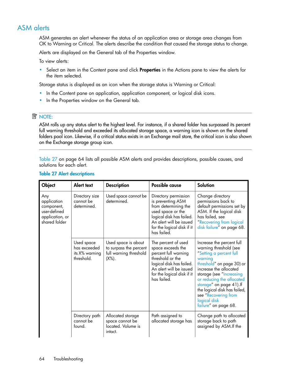 Asm alerts, Alert descriptions, Table 27 | Table, 64 f | HP StorageWorks All-in-One SB600c Storage Blade User Manual | Page 64 / 72