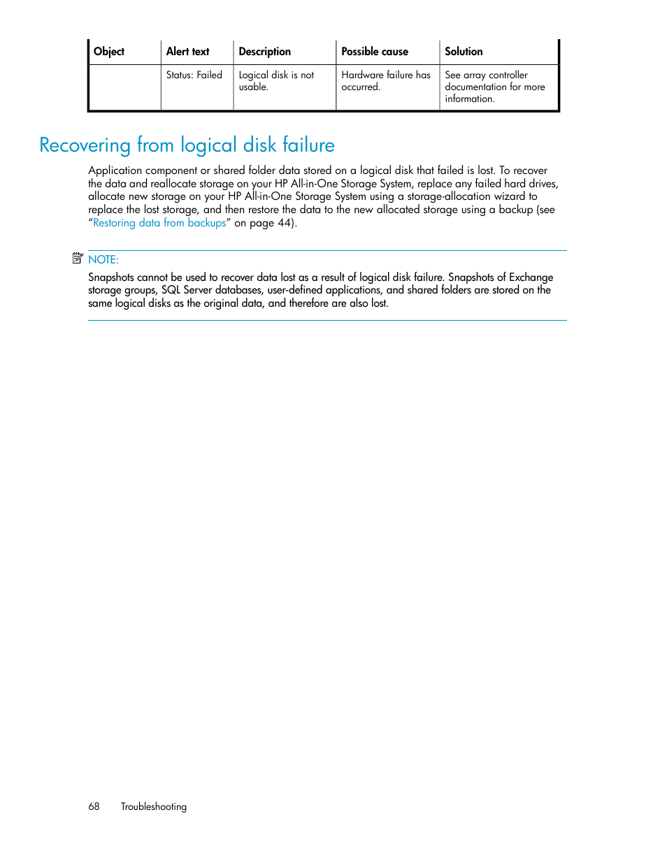Recovering from logical disk failure, Recovering from logical, Disk failure | Recovering from, Logical disk failure | HP StorageWorks All-in-One SB600c Storage Blade User Manual | Page 68 / 72