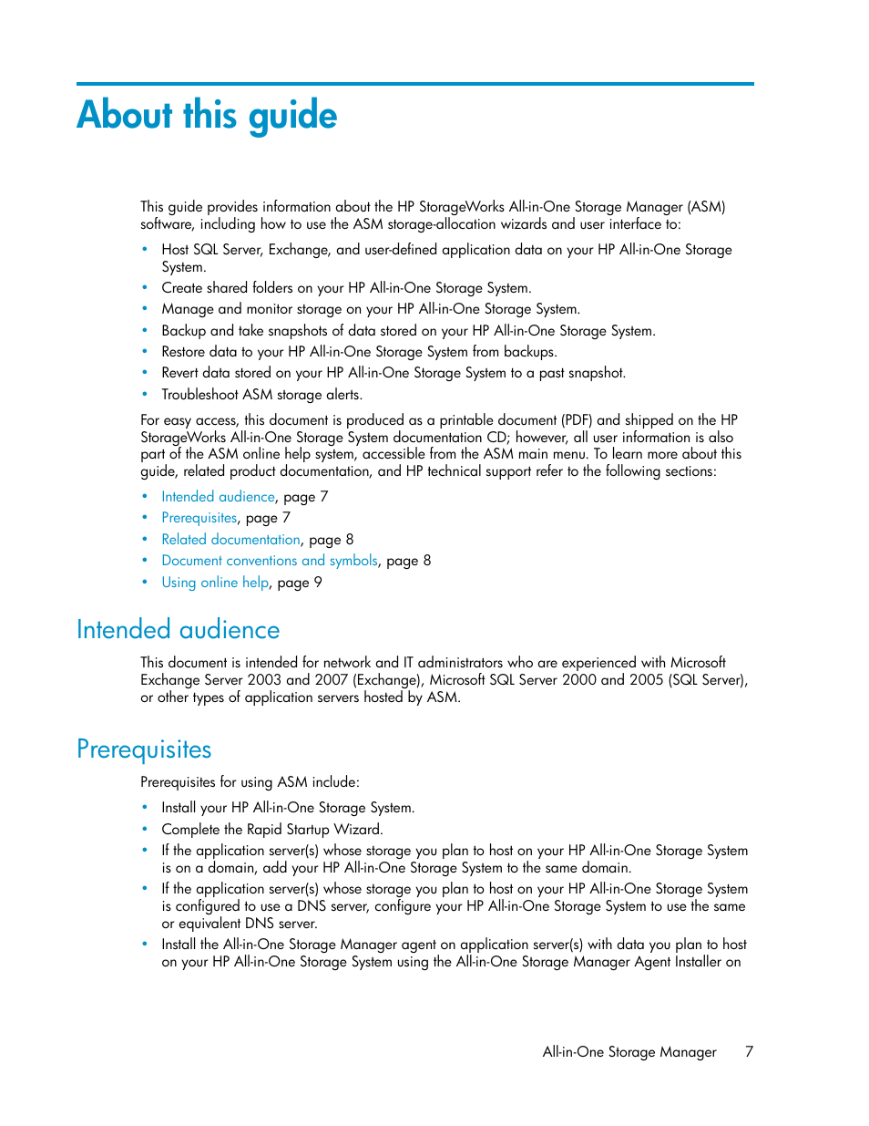 About this guide, Intended audience, Prerequisites | 7 prerequisites | HP StorageWorks All-in-One SB600c Storage Blade User Manual | Page 7 / 72