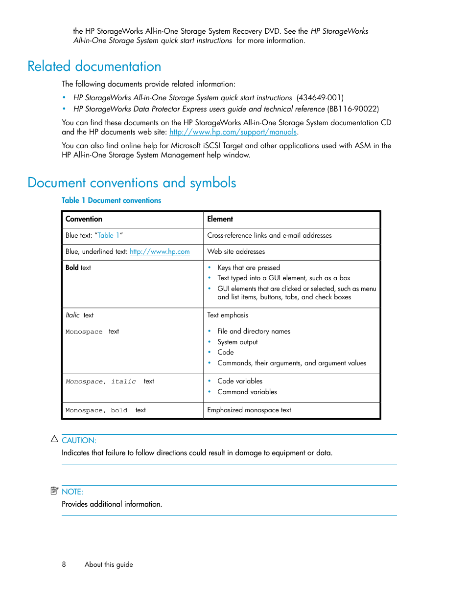 Related documentation, Document conventions and symbols, 8 document conventions and symbols | Document conventions | HP StorageWorks All-in-One SB600c Storage Blade User Manual | Page 8 / 72