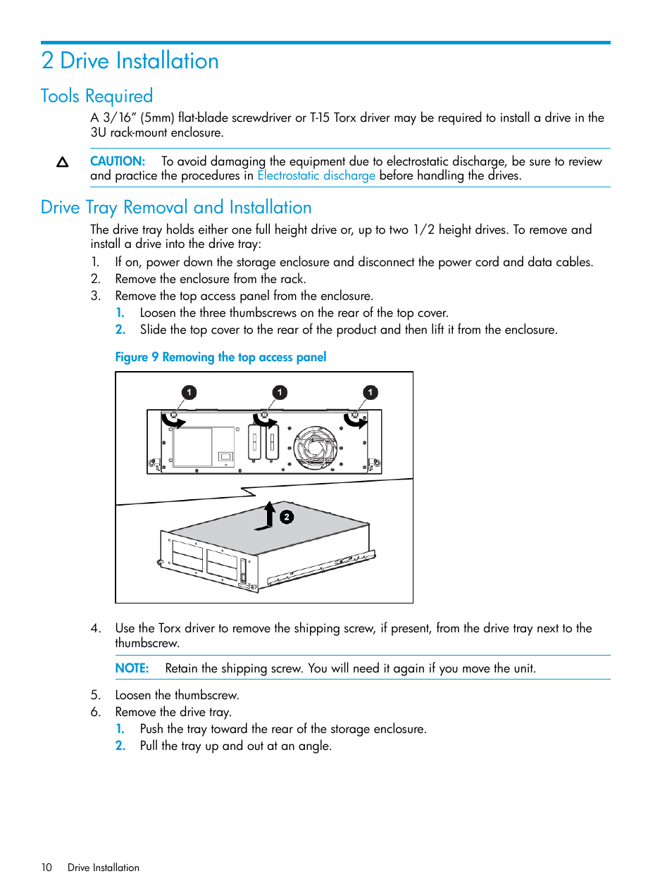2 drive installation, Tools required, Drive tray removal and installation | Tools required drive tray removal and installation | HP StoreEver Rack-mount Kits User Manual | Page 10 / 26