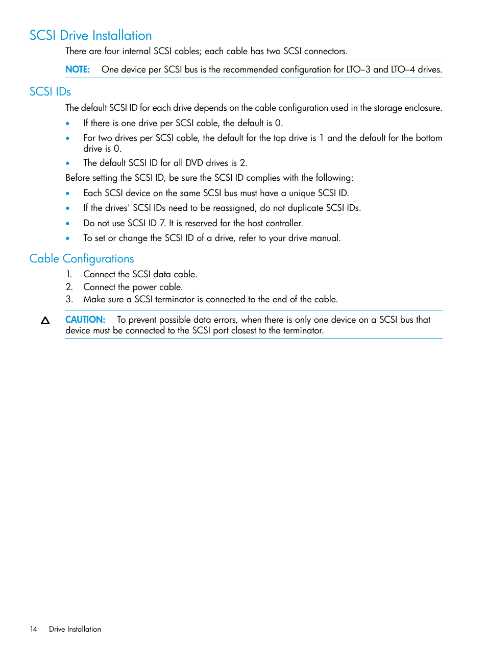 Scsi drive installation, Scsi ids, Cable configurations | Scsi ids cable configurations | HP StoreEver Rack-mount Kits User Manual | Page 14 / 26