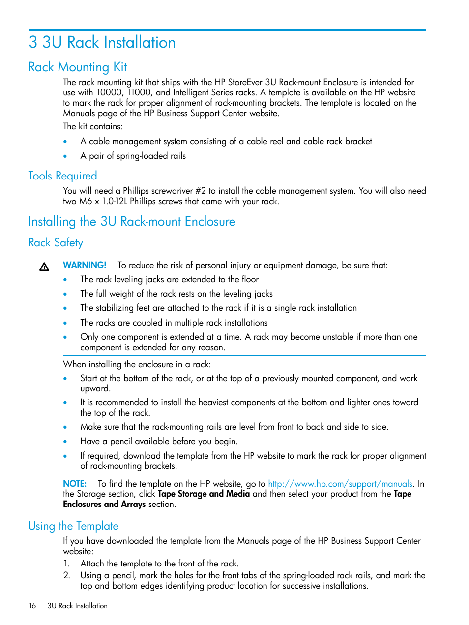 3 3u rack installation, Rack mounting kit, Tools required | Installing the 3u rack-mount enclosure, Rack safety, Using the template, Rack safety using the template | HP StoreEver Rack-mount Kits User Manual | Page 16 / 26