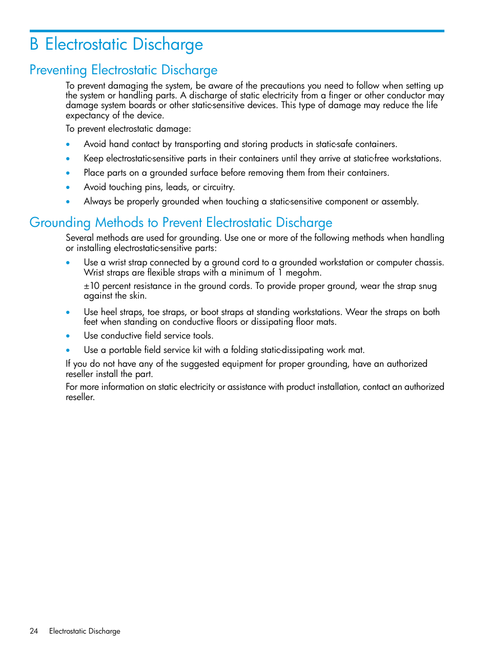 B electrostatic discharge, Preventing electrostatic discharge | HP StoreEver Rack-mount Kits User Manual | Page 24 / 26