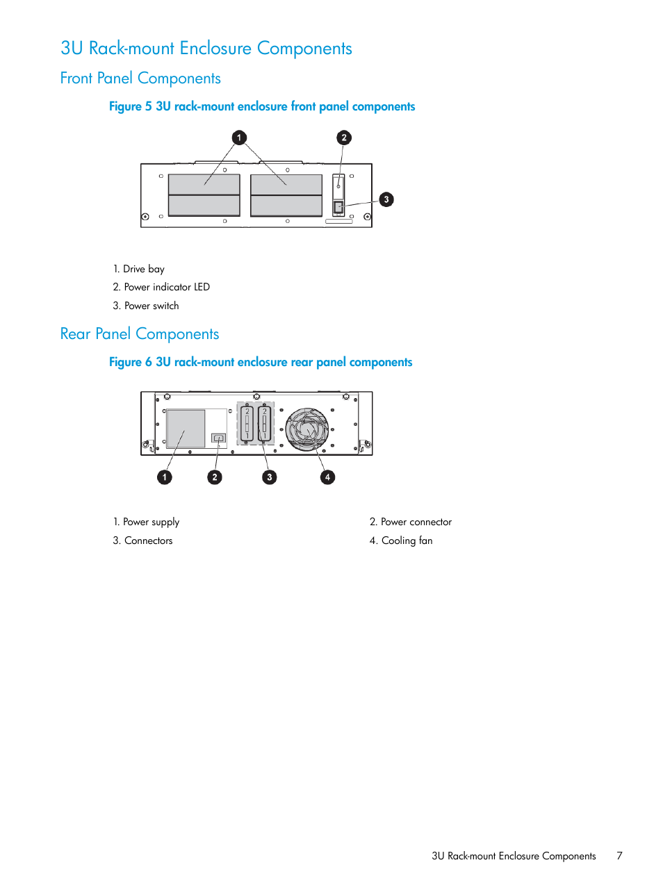 3u rack-mount enclosure components, Front panel components, Rear panel components | Front panel components rear panel components | HP StoreEver Rack-mount Kits User Manual | Page 7 / 26