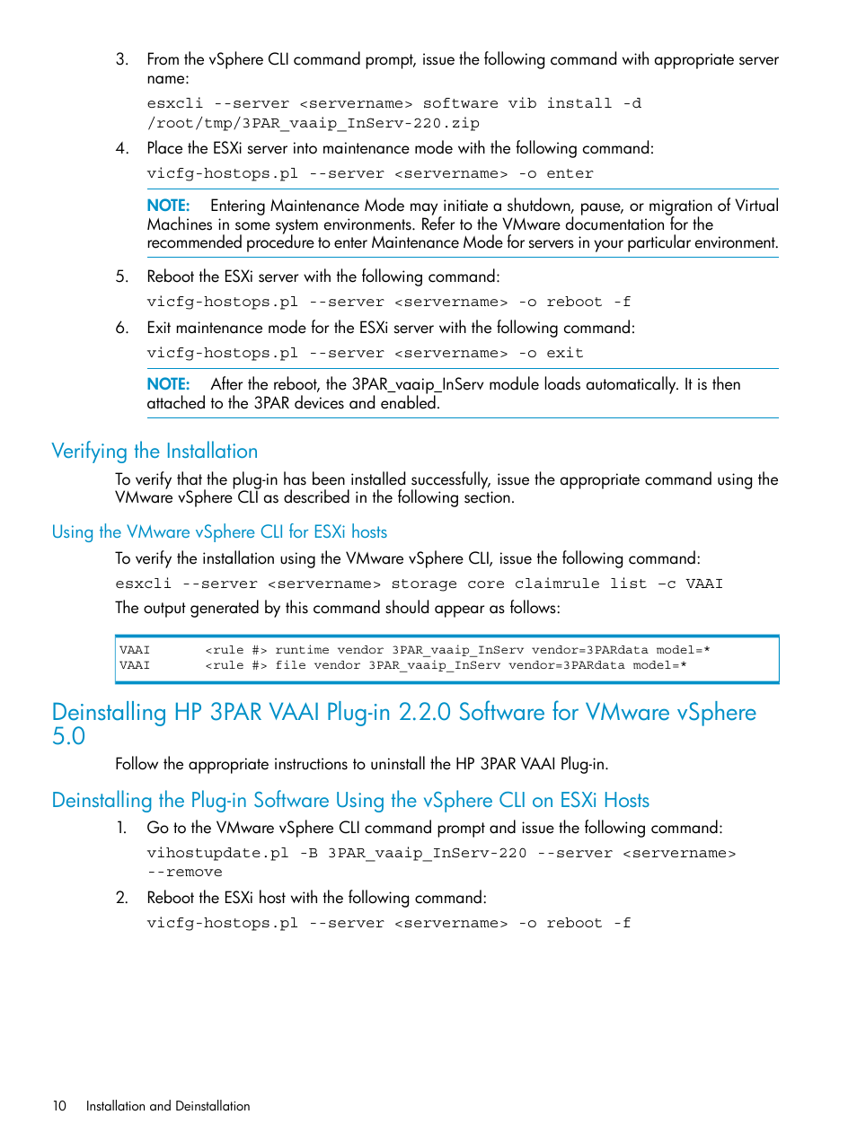 Verifying the installation, Using the vmware vsphere cli for esxi hosts | HP 3PAR Solutions Software for vSphere User Manual | Page 10 / 13