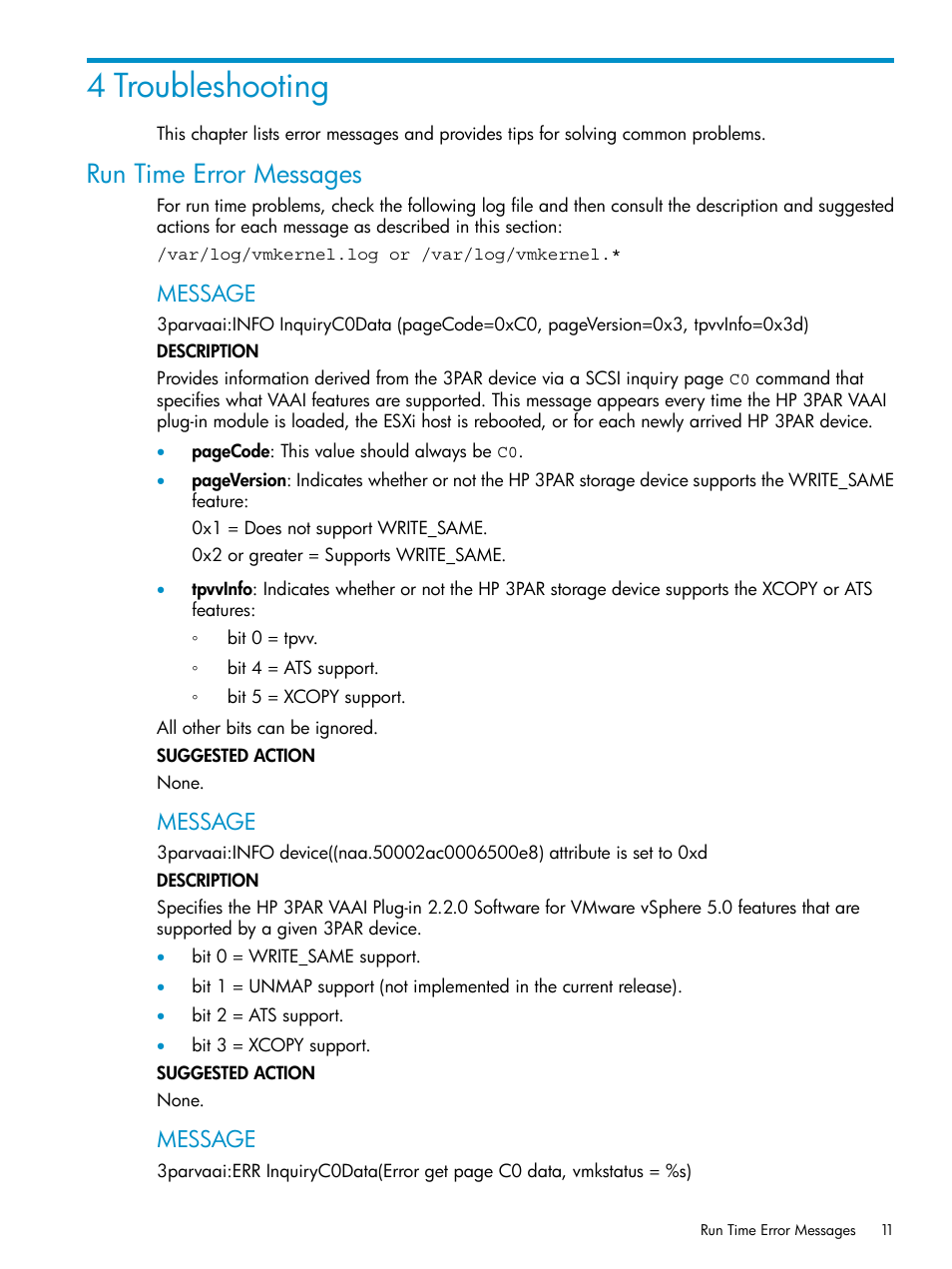 4 troubleshooting, Run time error messages, Message | HP 3PAR Solutions Software for vSphere User Manual | Page 11 / 13