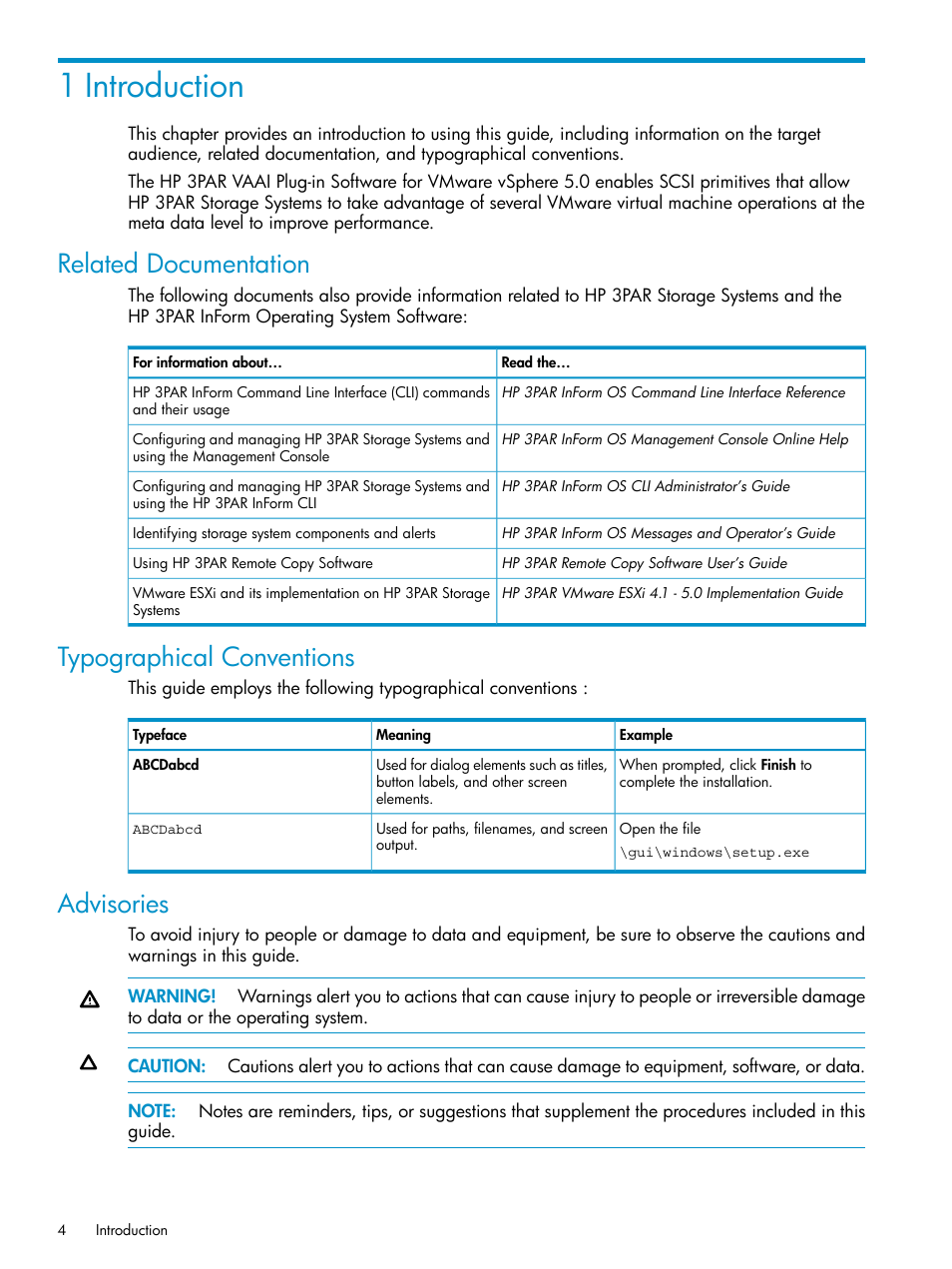 1 introduction, Related documentation, Typographical conventions | Advisories | HP 3PAR Solutions Software for vSphere User Manual | Page 4 / 13