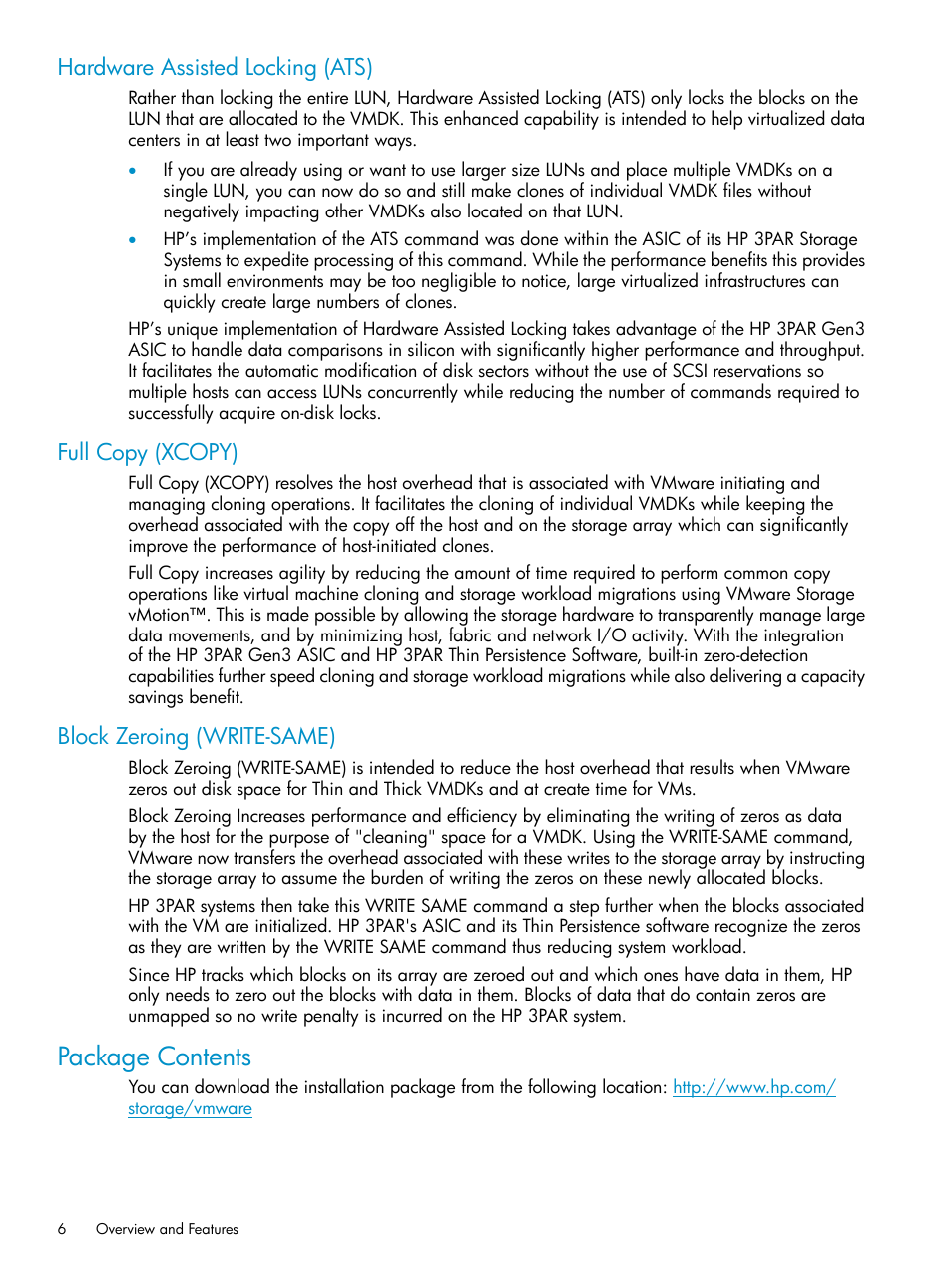 Hardware assisted locking (ats), Full copy (xcopy), Block zeroing (write-same) | Package contents | HP 3PAR Solutions Software for vSphere User Manual | Page 6 / 13