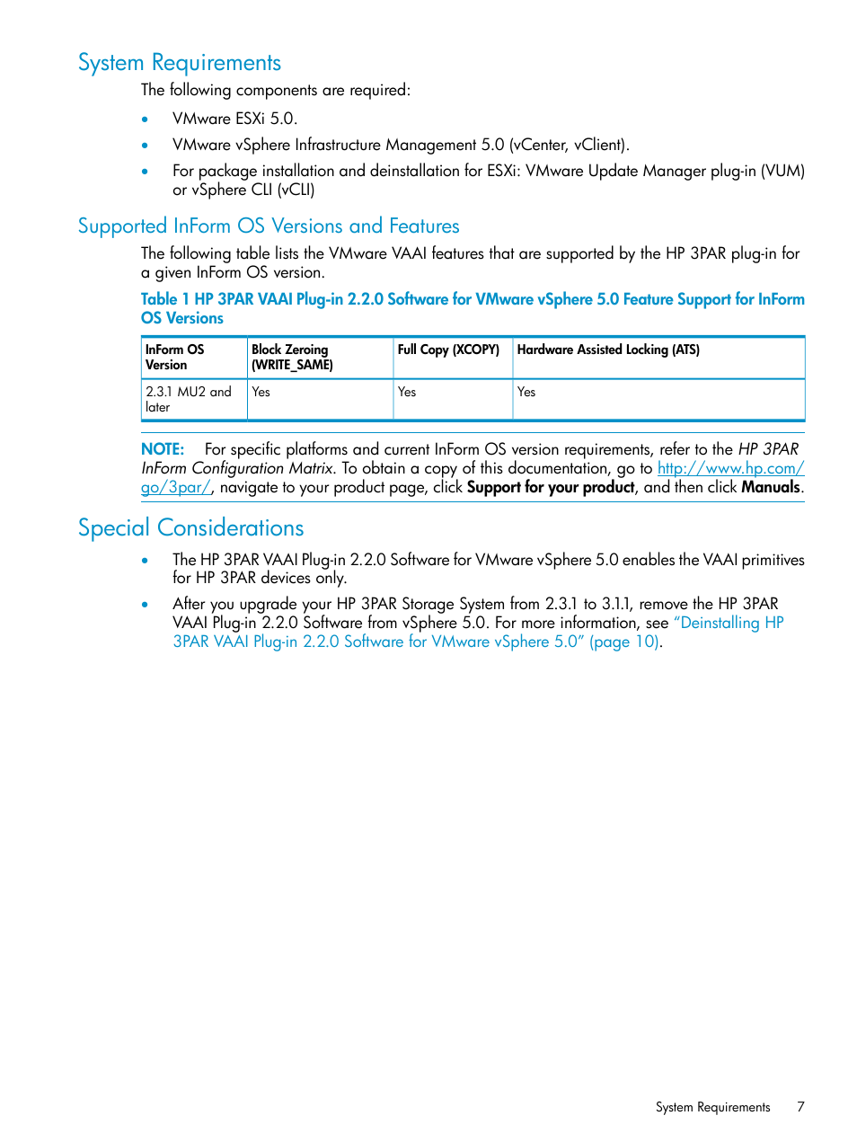 System requirements, Supported inform os versions and features, Special considerations | HP 3PAR Solutions Software for vSphere User Manual | Page 7 / 13