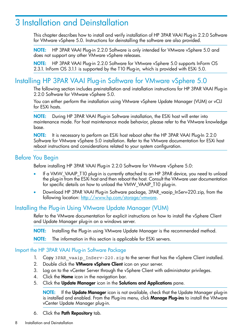 3 installation and deinstallation, Before you begin, Import the hp 3par vaai plug-in software package | HP 3PAR Solutions Software for vSphere User Manual | Page 8 / 13