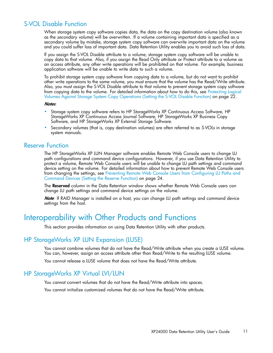 Interoperability with other products and functions, S-vol disable function, Reserve function | Hp storageworks xp lun expansion (luse), Hp storageworks xp virtual lvi/lun | HP XP20000XP24000 Disk Array User Manual | Page 11 / 32