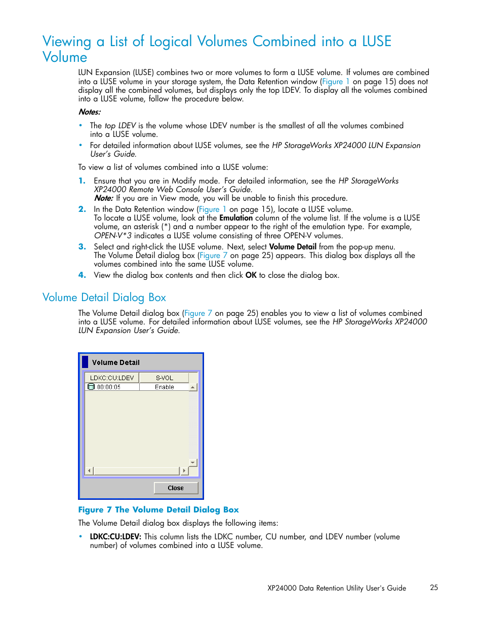 Volume detail dialog box, The volume detail dialog box | HP XP20000XP24000 Disk Array User Manual | Page 25 / 32