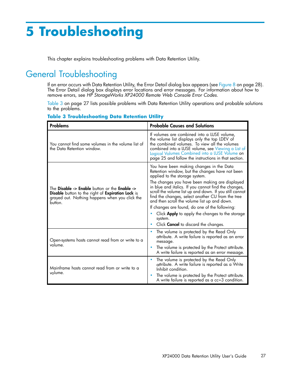 5 troubleshooting, General troubleshooting, 3 troubleshooting data retention utility | HP XP20000XP24000 Disk Array User Manual | Page 27 / 32