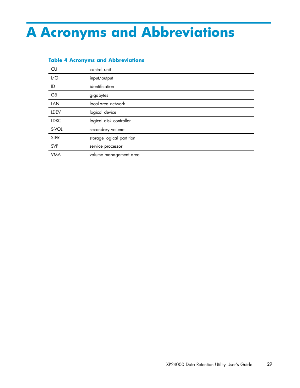 A acronyms and abbreviations, 4 acronyms and abbreviations | HP XP20000XP24000 Disk Array User Manual | Page 29 / 32