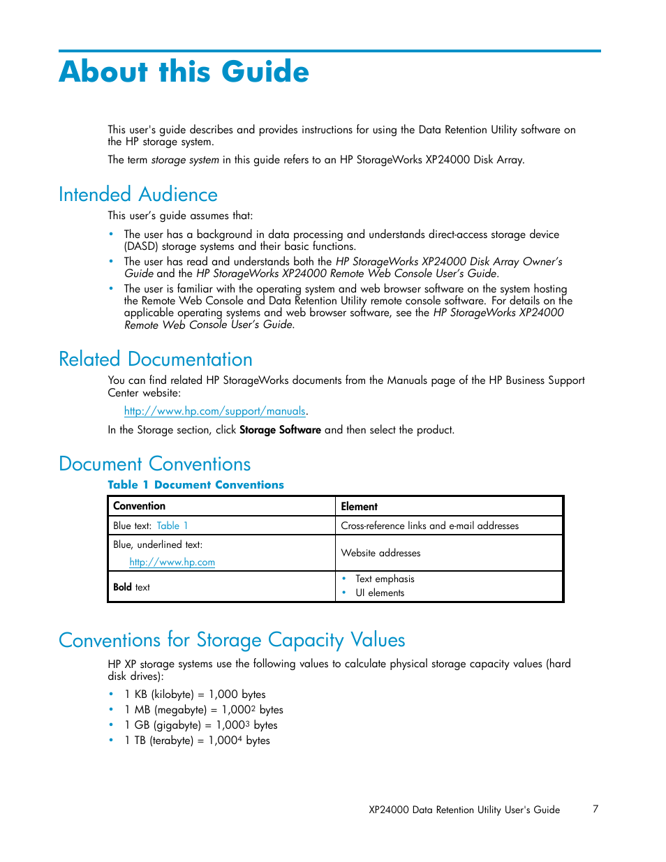 About this guide, Intended audience, Related documentation | Conventions for storage capacity values, Document conventions, 1 document conventions | HP XP20000XP24000 Disk Array User Manual | Page 7 / 32