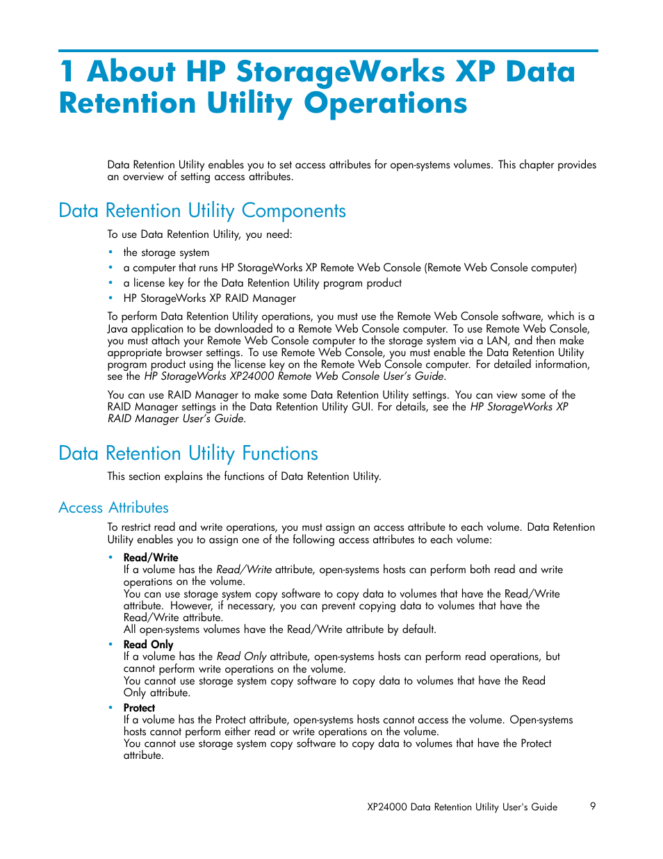 Data retention utility components, Data retention utility functions, Access attributes | HP XP20000XP24000 Disk Array User Manual | Page 9 / 32