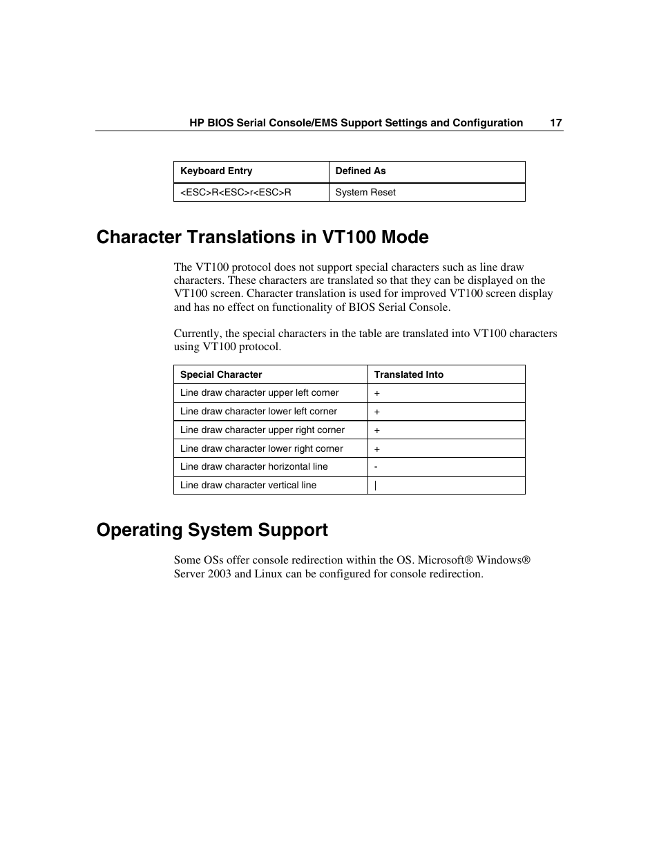 Character translations in vt100 mode, Operating system support | HP ProLiant xw460c Blade Workstation User Manual | Page 17 / 33