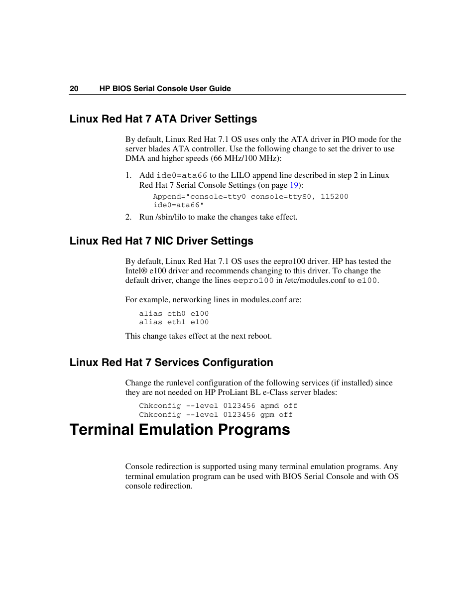 Linux red hat 7 ata driver settings, Linux red hat 7 nic driver settings, Linux red hat 7 services configuration | Terminal emulation programs | HP ProLiant xw460c Blade Workstation User Manual | Page 20 / 33