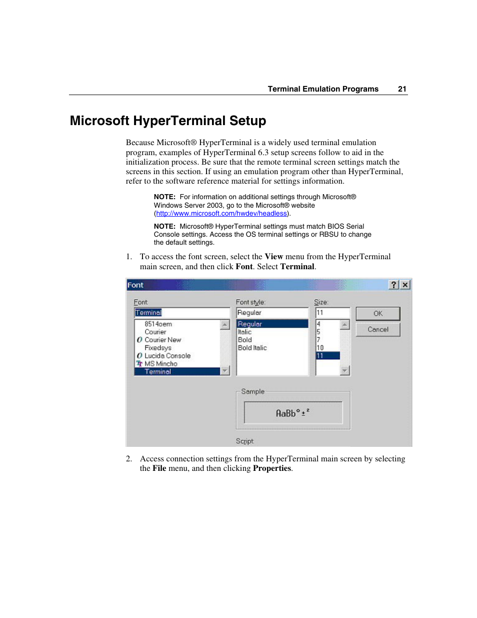 Microsoft hyperterminal setup | HP ProLiant xw460c Blade Workstation User Manual | Page 21 / 33