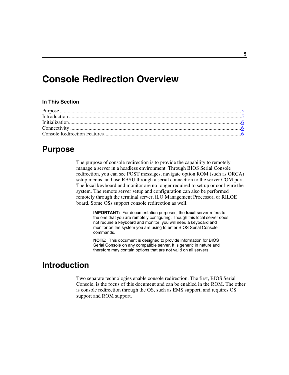 Console redirection overview, Purpose, Introduction | HP ProLiant xw460c Blade Workstation User Manual | Page 5 / 33